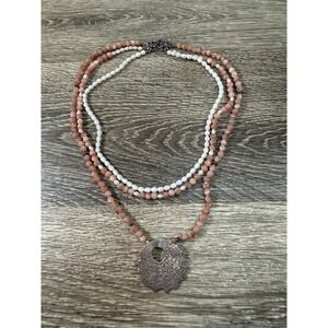 Sterling Silver 925 Sunstone Freshwater Pearl Multi Strand Necklace Peach White